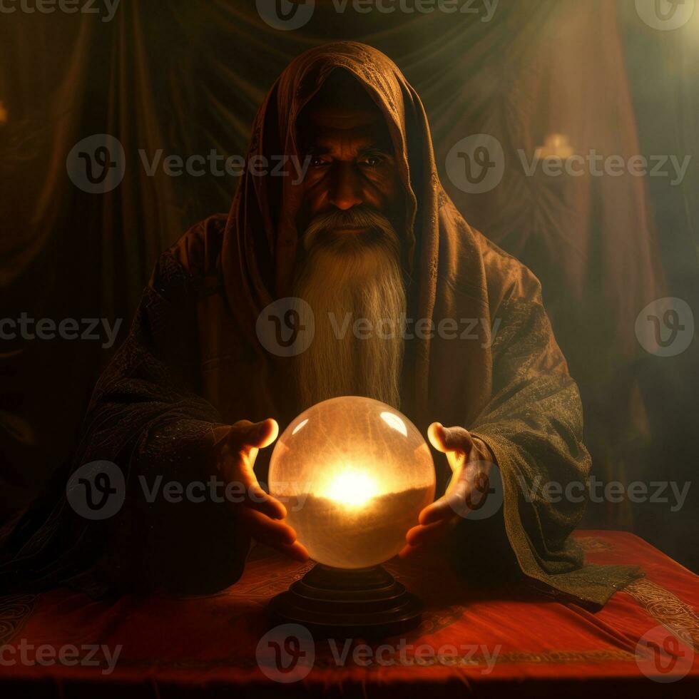 Man telling from a crystal ball dressed as a mysterious fortune teller AI Generative photo