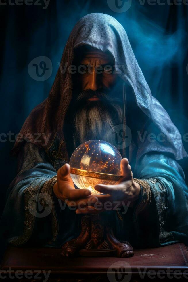 Man telling from a crystal ball dressed as a mysterious fortune teller AI Generative photo