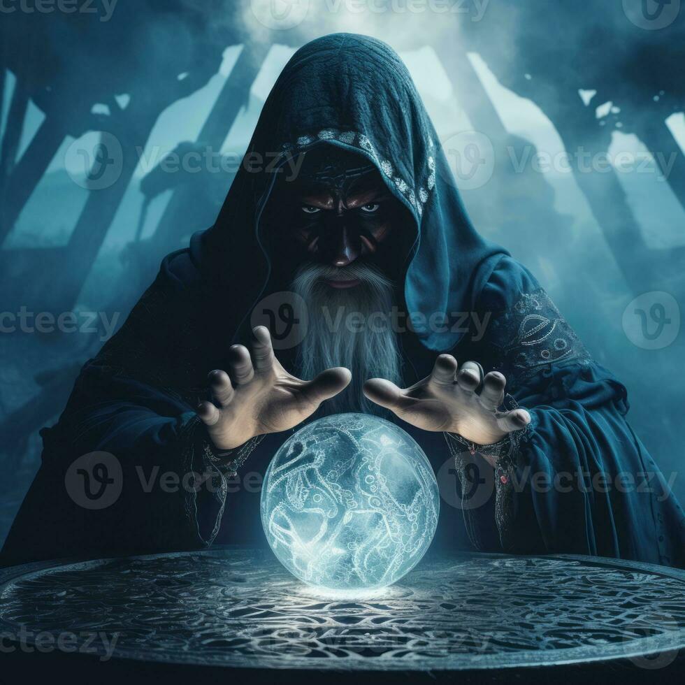 Man telling from a crystal ball dressed as a mysterious fortune teller AI Generative photo