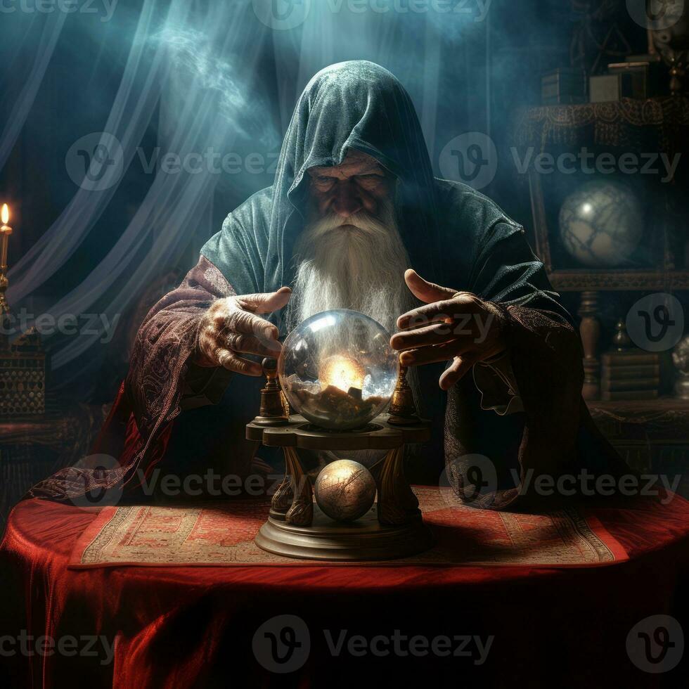 Man telling from a crystal ball dressed as a mysterious fortune teller AI Generative photo