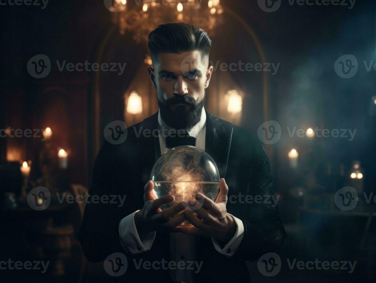 Man telling from a crystal ball dressed as a mysterious fortune teller AI Generative photo