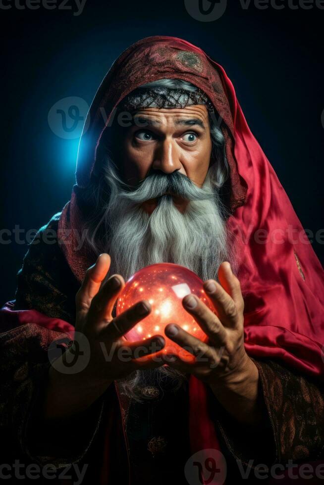 Man telling from a crystal ball dressed as a mysterious fortune teller AI Generative photo