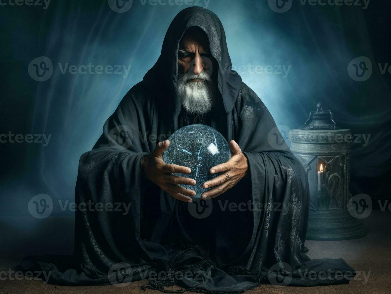 Man telling from a crystal ball dressed as a mysterious fortune teller AI Generative photo