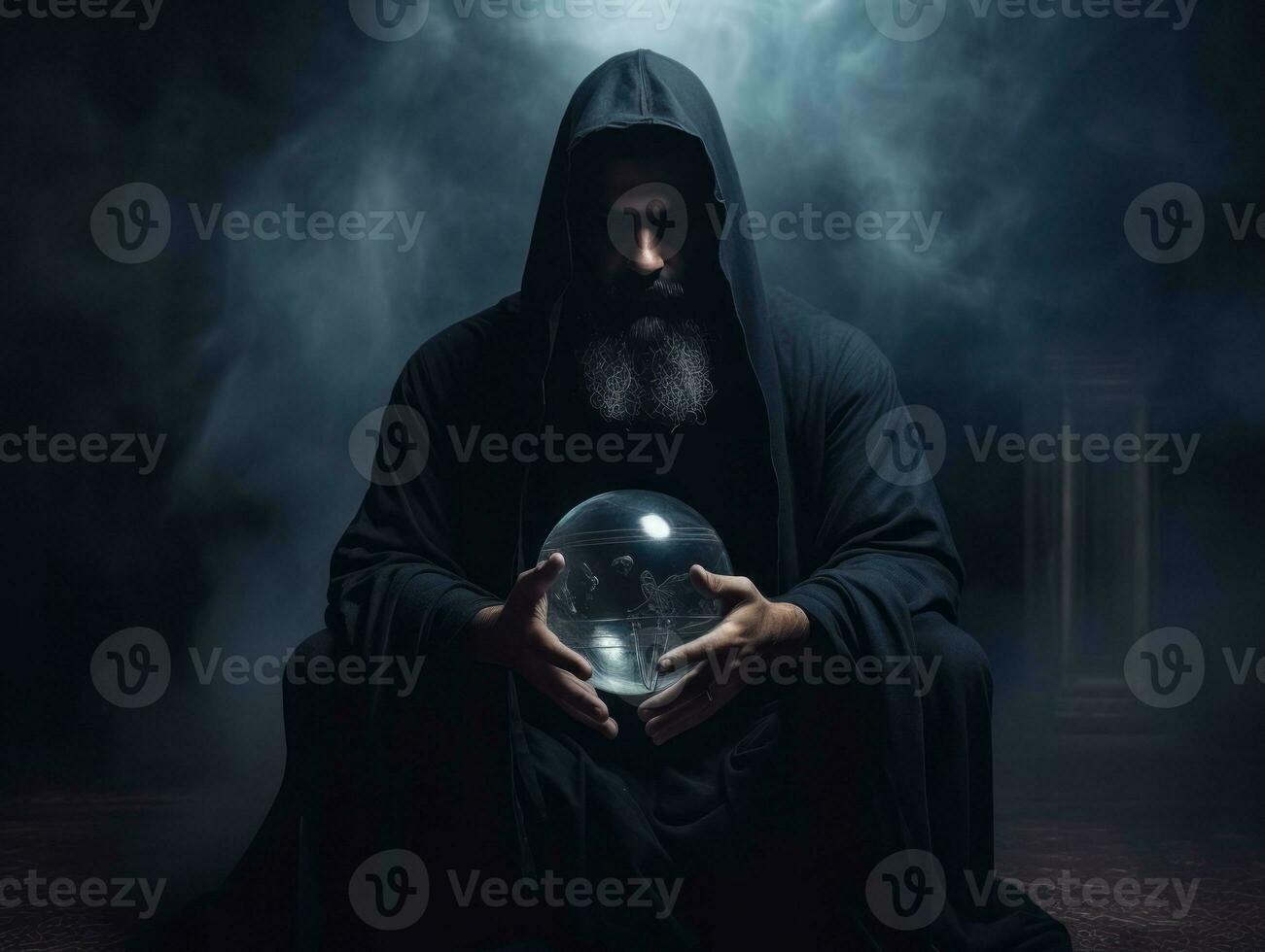 Man telling from a crystal ball dressed as a mysterious fortune teller AI Generative photo