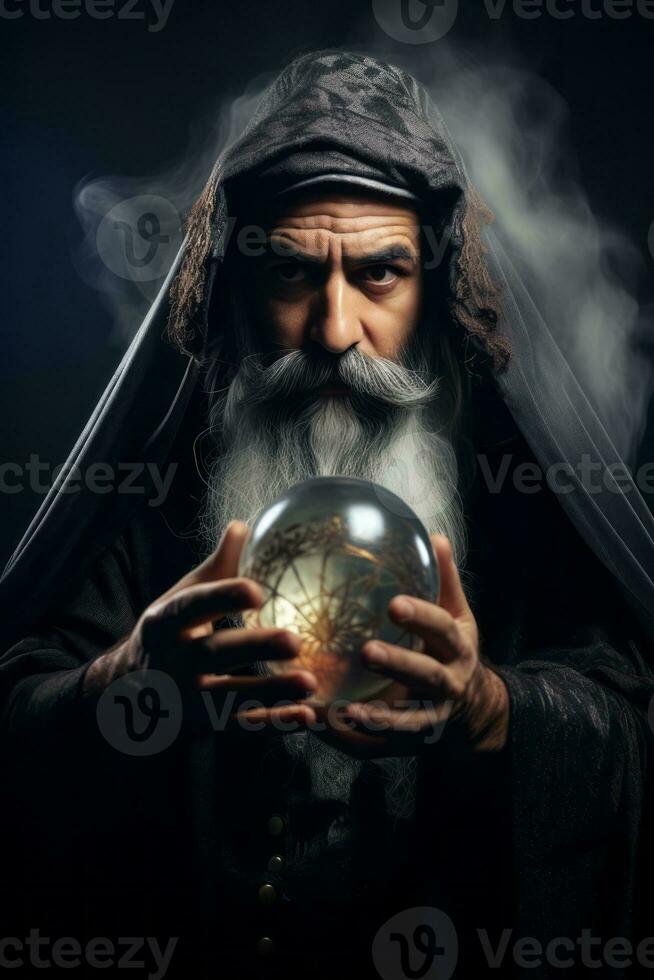 hombre narración desde un cristal pelota vestido como un misterioso fortuna cajero ai generativo foto