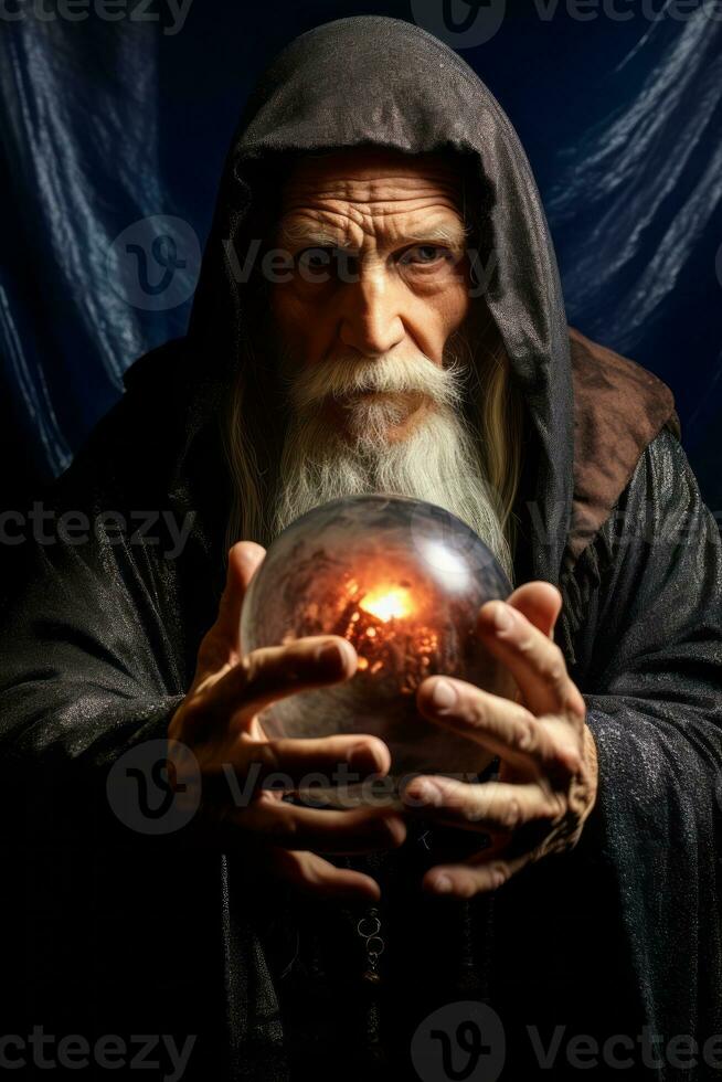 Man telling from a crystal ball dressed as a mysterious fortune teller AI Generative photo