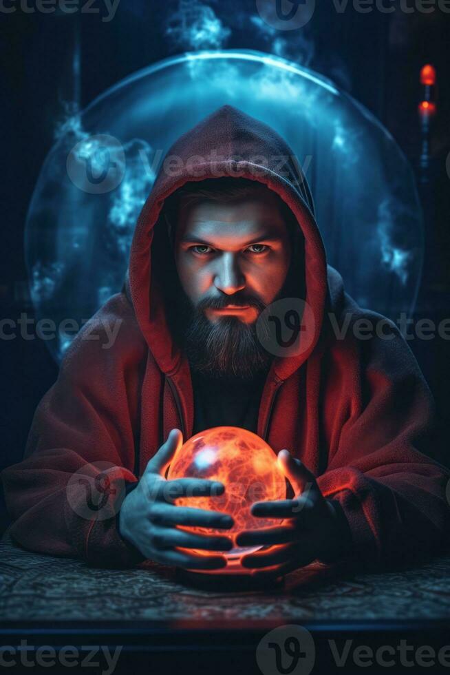 hombre narración desde un cristal pelota vestido como un misterioso fortuna cajero ai generativo foto