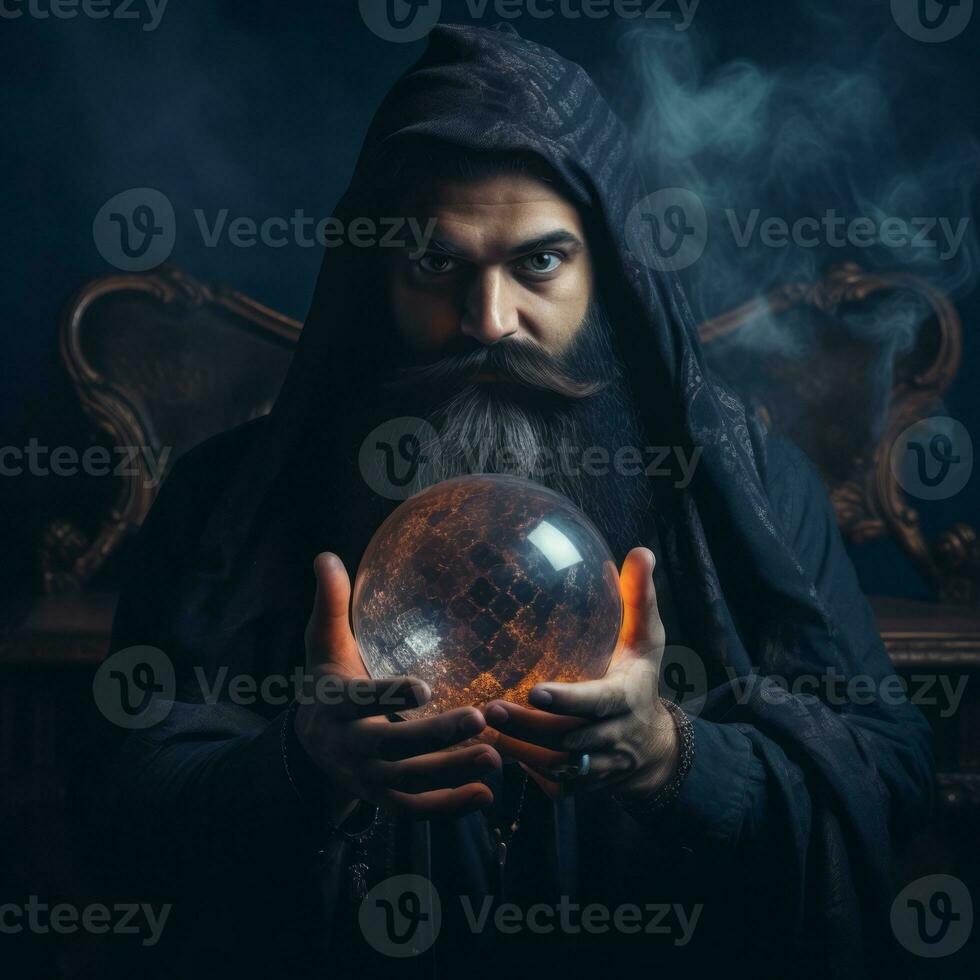 Man telling from a crystal ball dressed as a mysterious fortune teller AI Generative photo
