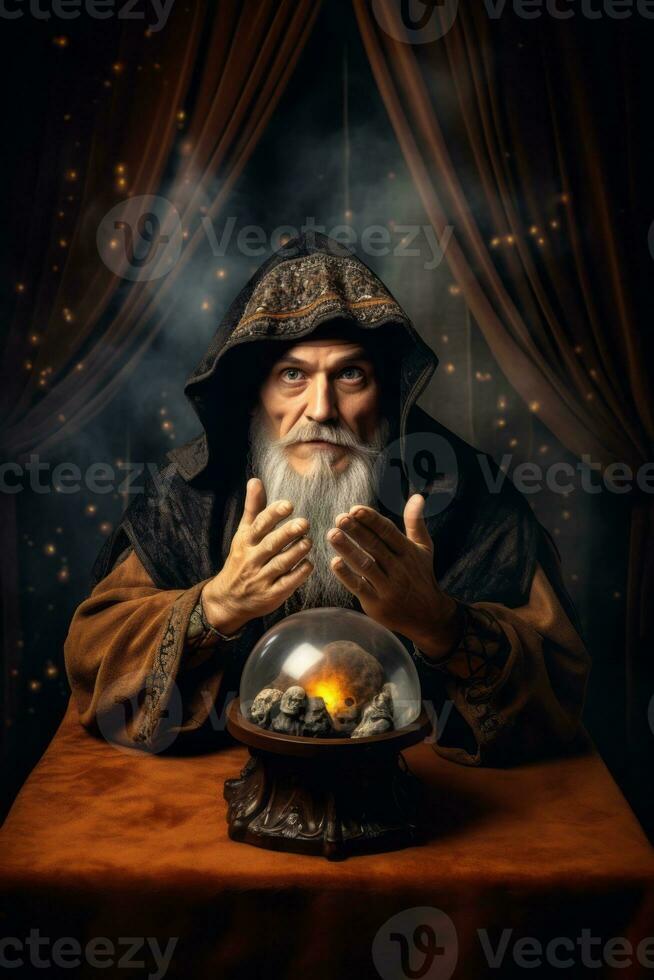Man telling from a crystal ball dressed as a mysterious fortune teller AI Generative photo