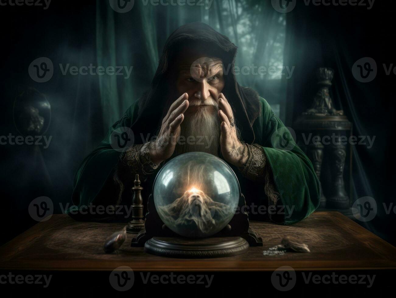 Man telling from a crystal ball dressed as a mysterious fortune teller AI Generative photo