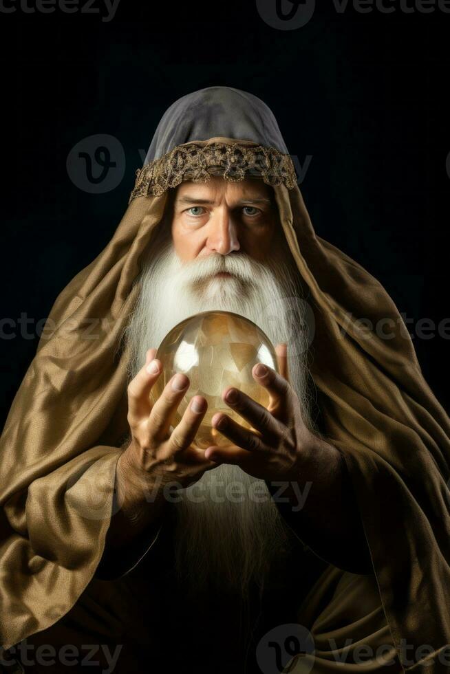 hombre narración desde un cristal pelota vestido como un misterioso fortuna cajero ai generativo foto