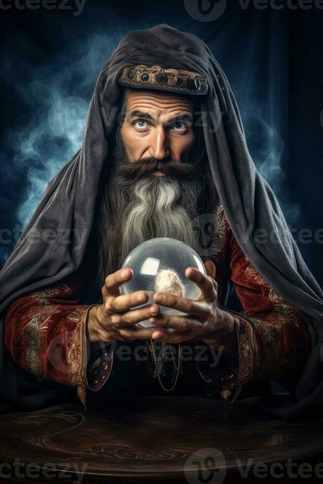 Man telling from a crystal ball dressed as a mysterious fortune teller AI Generative photo