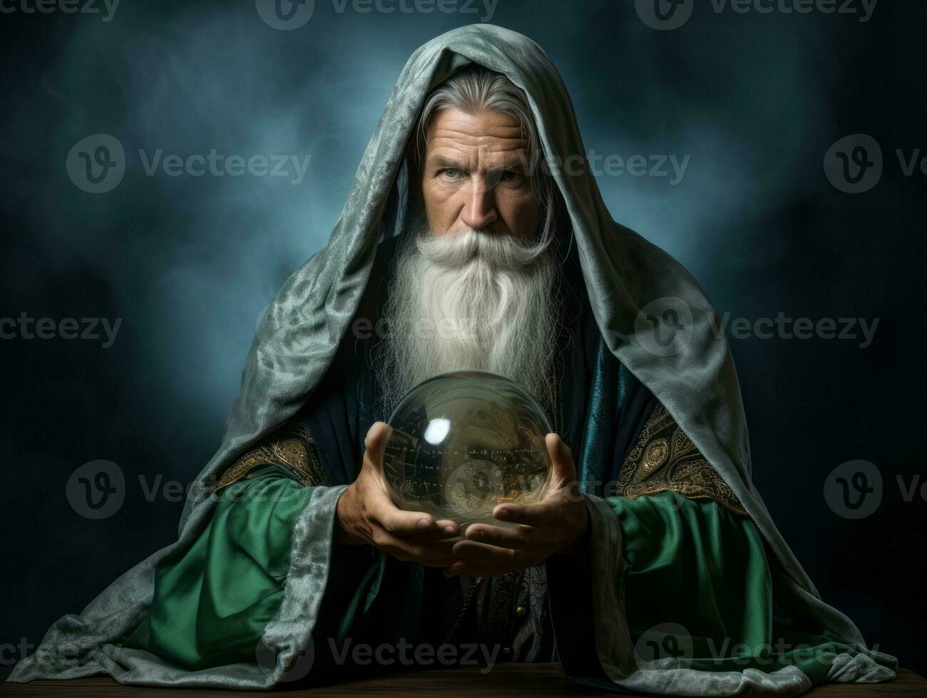 hombre narración desde un cristal pelota vestido como un misterioso fortuna cajero ai generativo foto