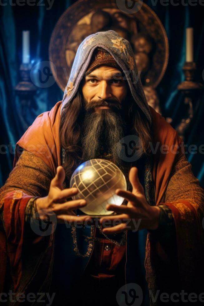 Man telling from a crystal ball dressed as a mysterious fortune teller AI Generative photo