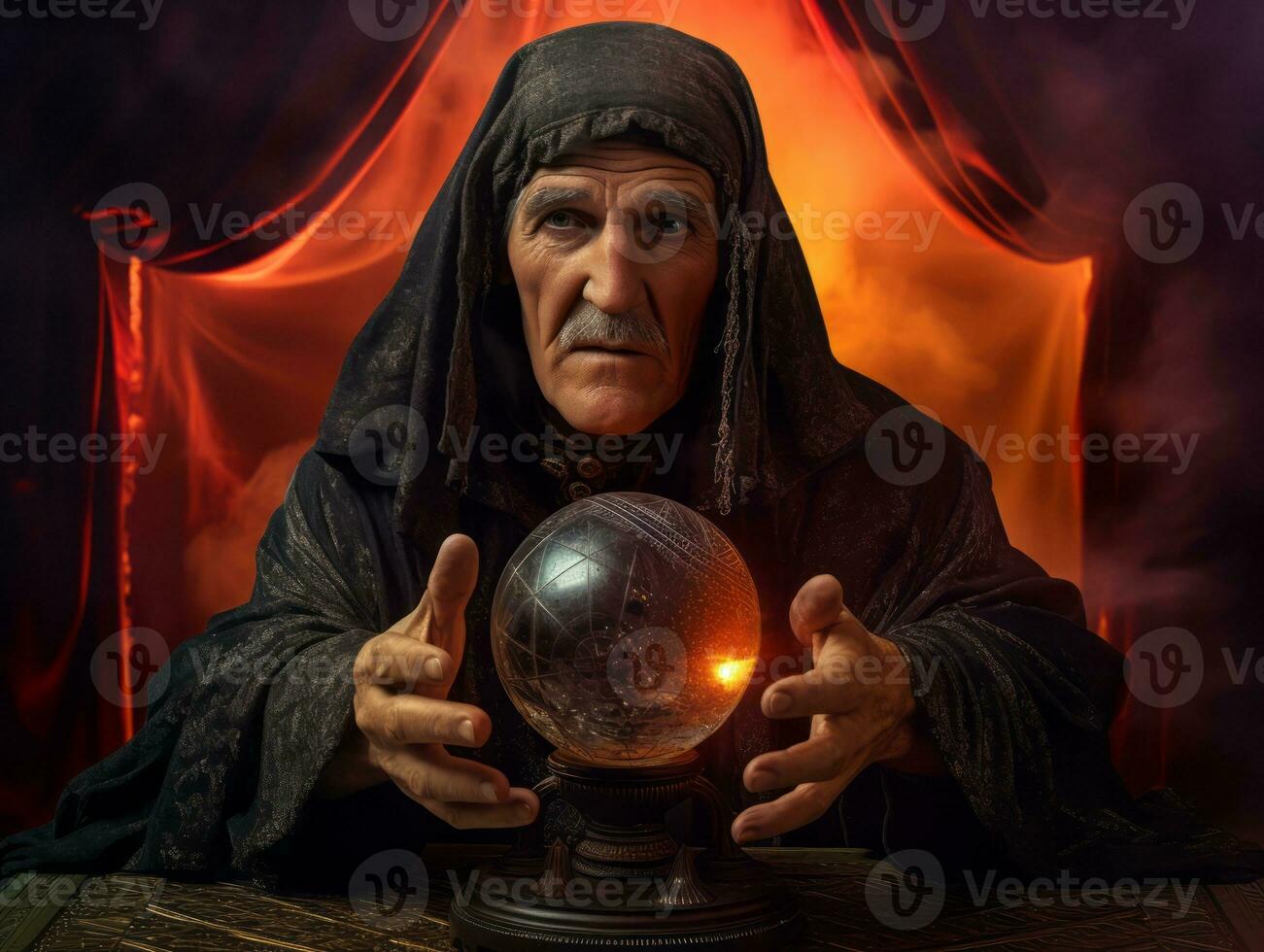 Man telling from a crystal ball dressed as a mysterious fortune teller AI Generative photo