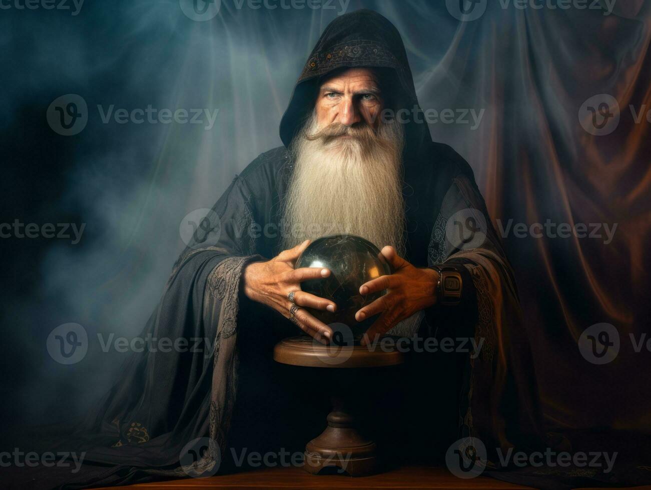 Man telling from a crystal ball dressed as a mysterious fortune teller AI Generative photo