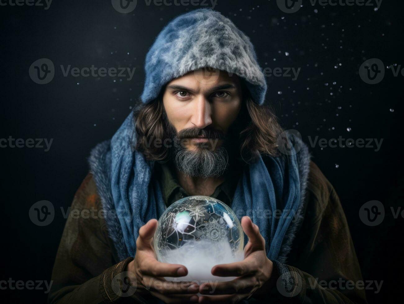Man telling from a crystal ball dressed as a mysterious fortune teller AI Generative photo