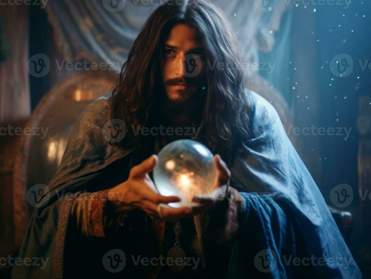 Man telling from a crystal ball dressed as a mysterious fortune teller AI Generative photo
