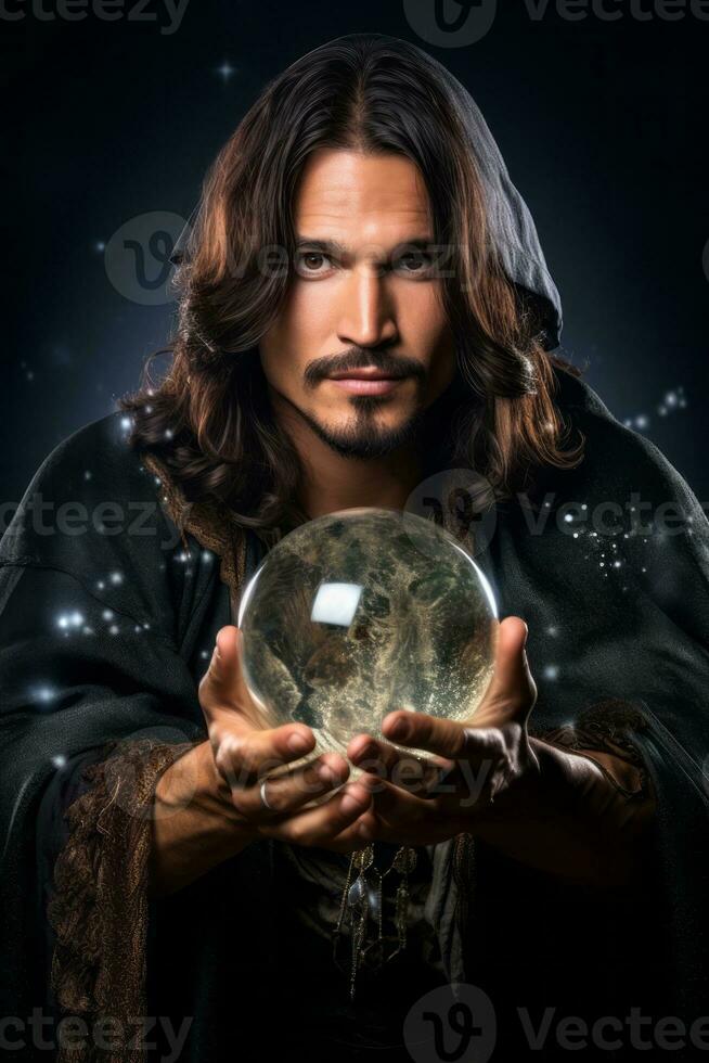 Man telling from a crystal ball dressed as a mysterious fortune teller AI Generative photo