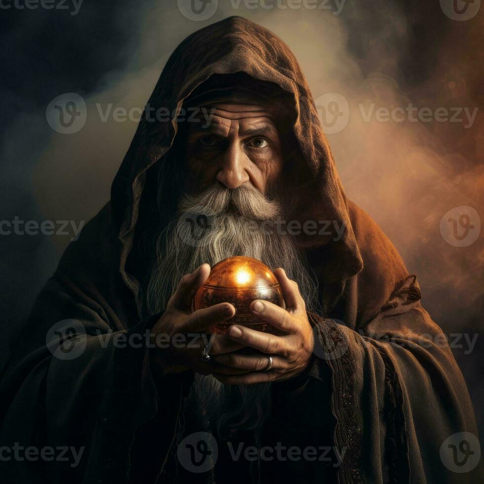 Man telling from a crystal ball dressed as a mysterious fortune teller AI Generative photo