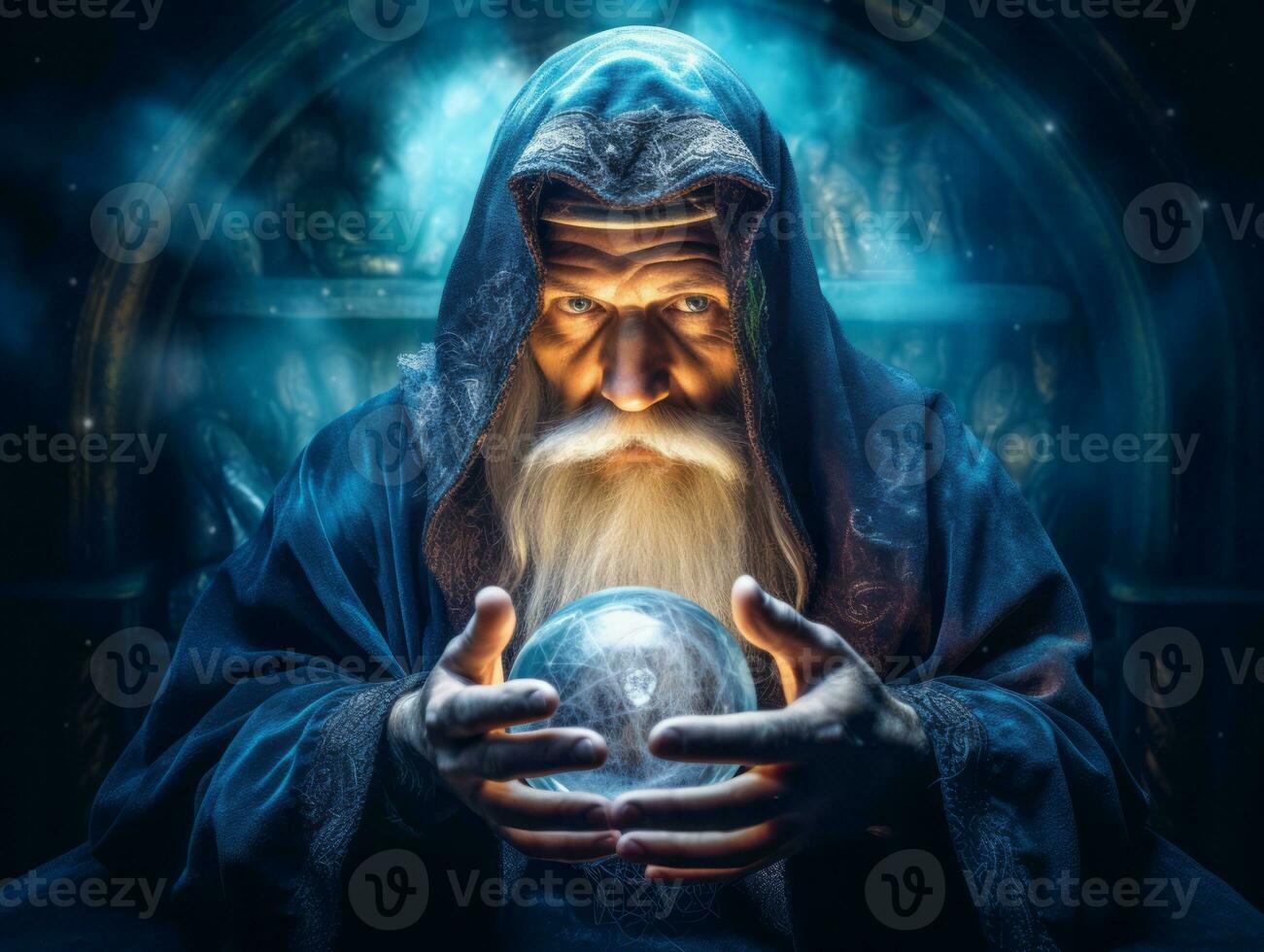 Man telling from a crystal ball dressed as a mysterious fortune teller AI Generative photo