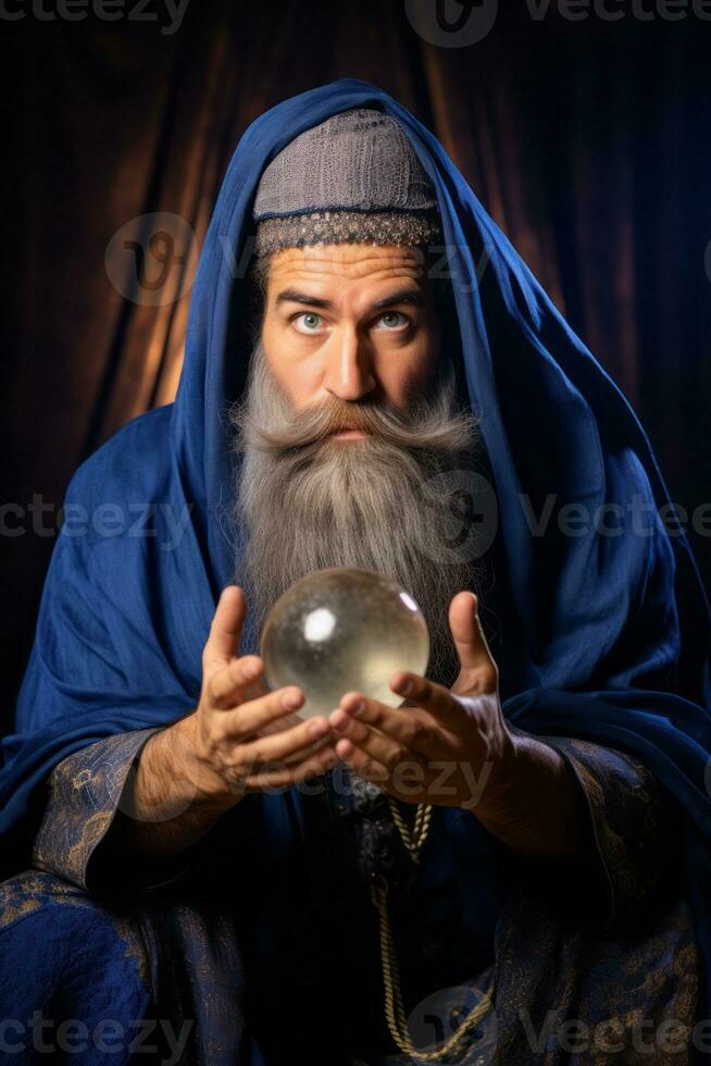 Man telling from a crystal ball dressed as a mysterious fortune teller AI Generative photo
