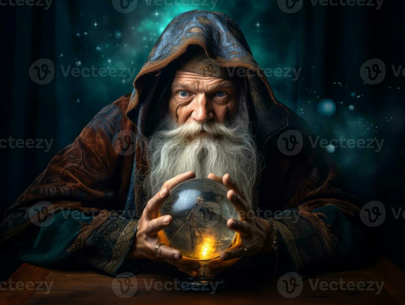 Man telling from a crystal ball dressed as a mysterious fortune teller AI Generative photo