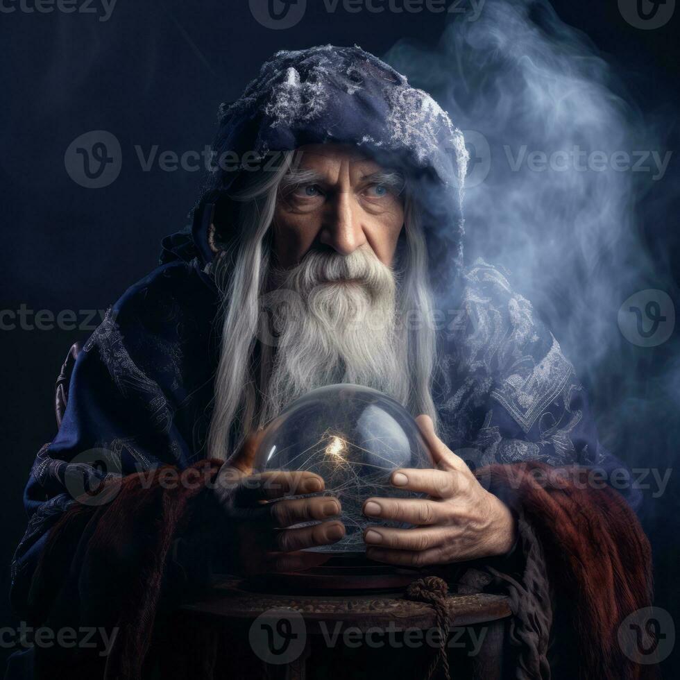 Man telling from a crystal ball dressed as a mysterious fortune teller AI Generative photo