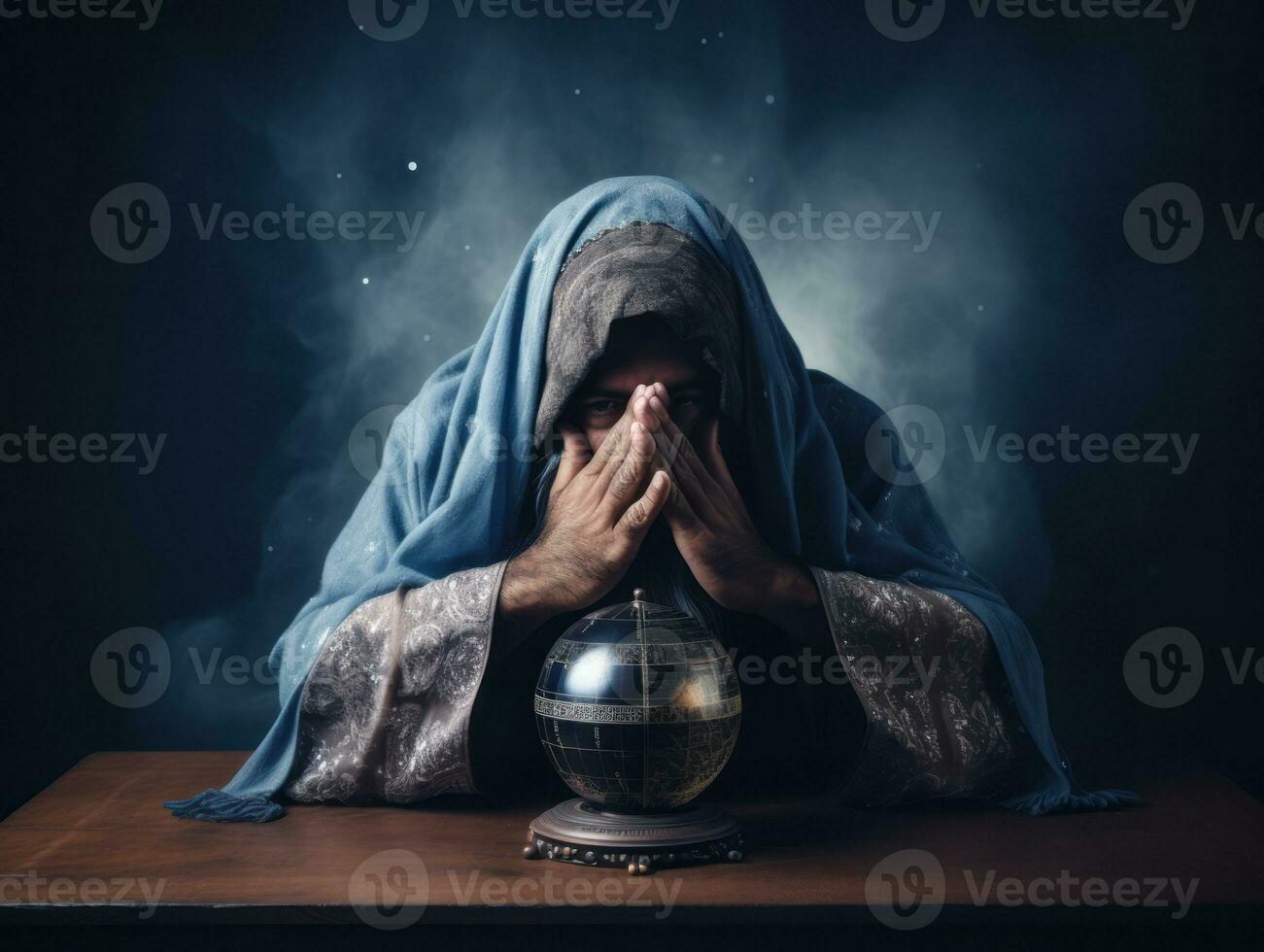 Man telling from a crystal ball dressed as a mysterious fortune teller AI Generative photo