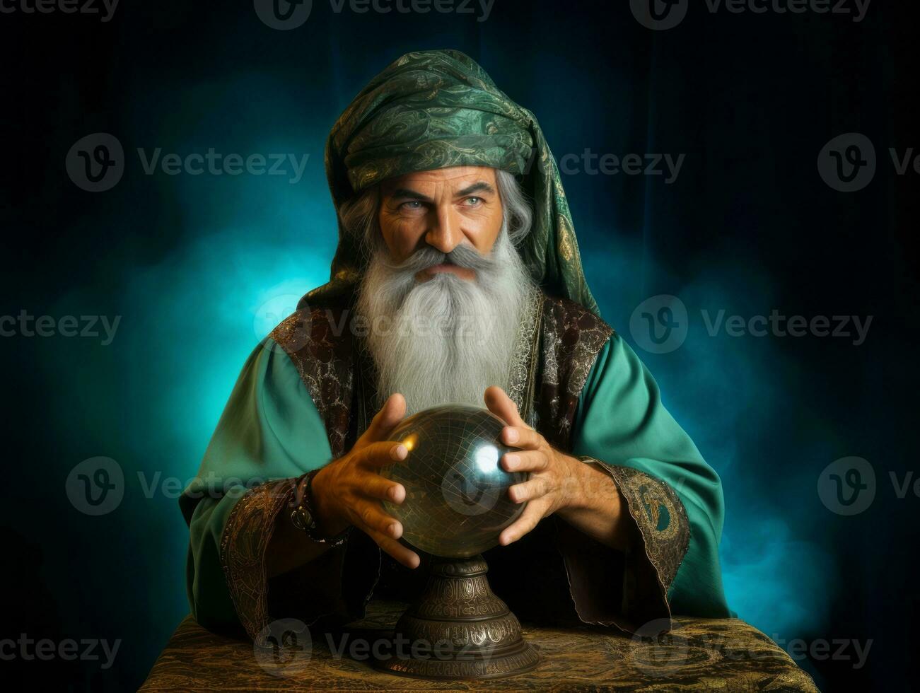 Man telling from a crystal ball dressed as a mysterious fortune teller AI Generative photo