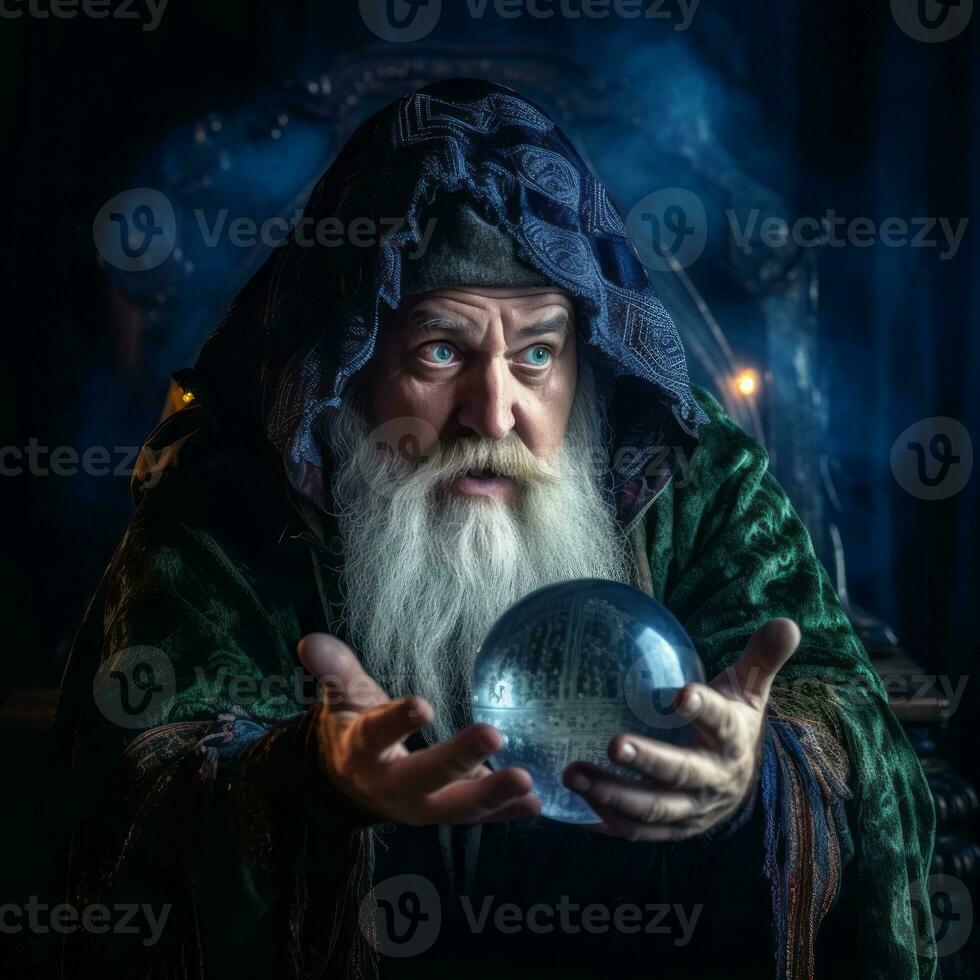 Man telling from a crystal ball dressed as a mysterious fortune teller AI Generative photo