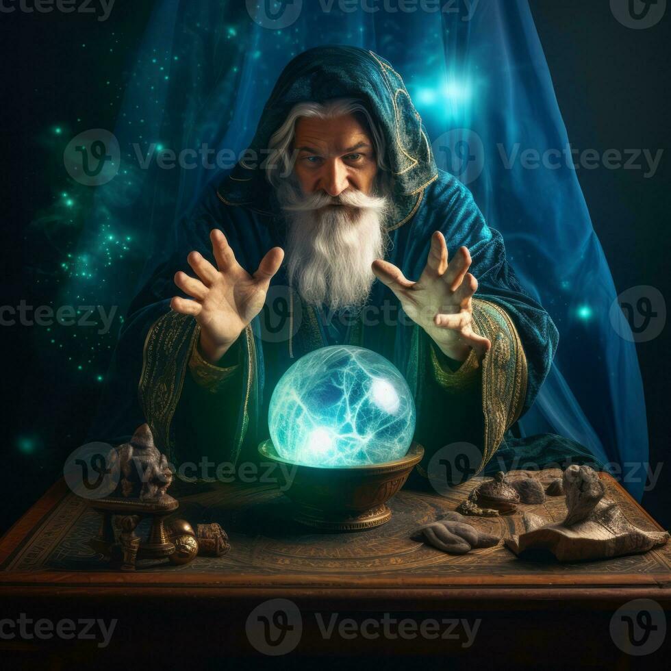 Man telling from a crystal ball dressed as a mysterious fortune teller AI Generative photo