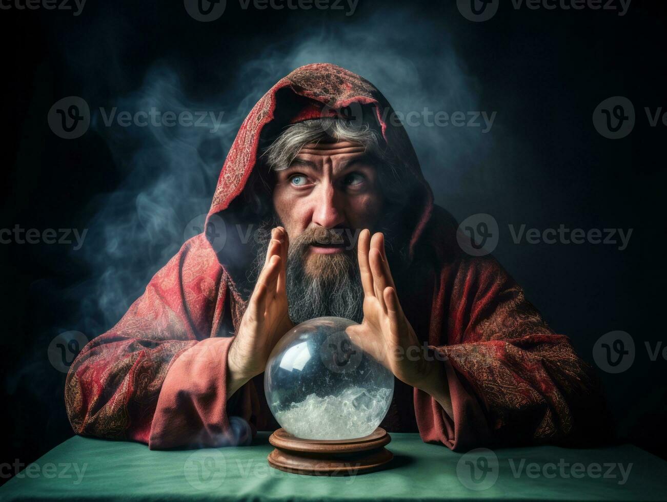 Man telling from a crystal ball dressed as a mysterious fortune teller AI Generative photo