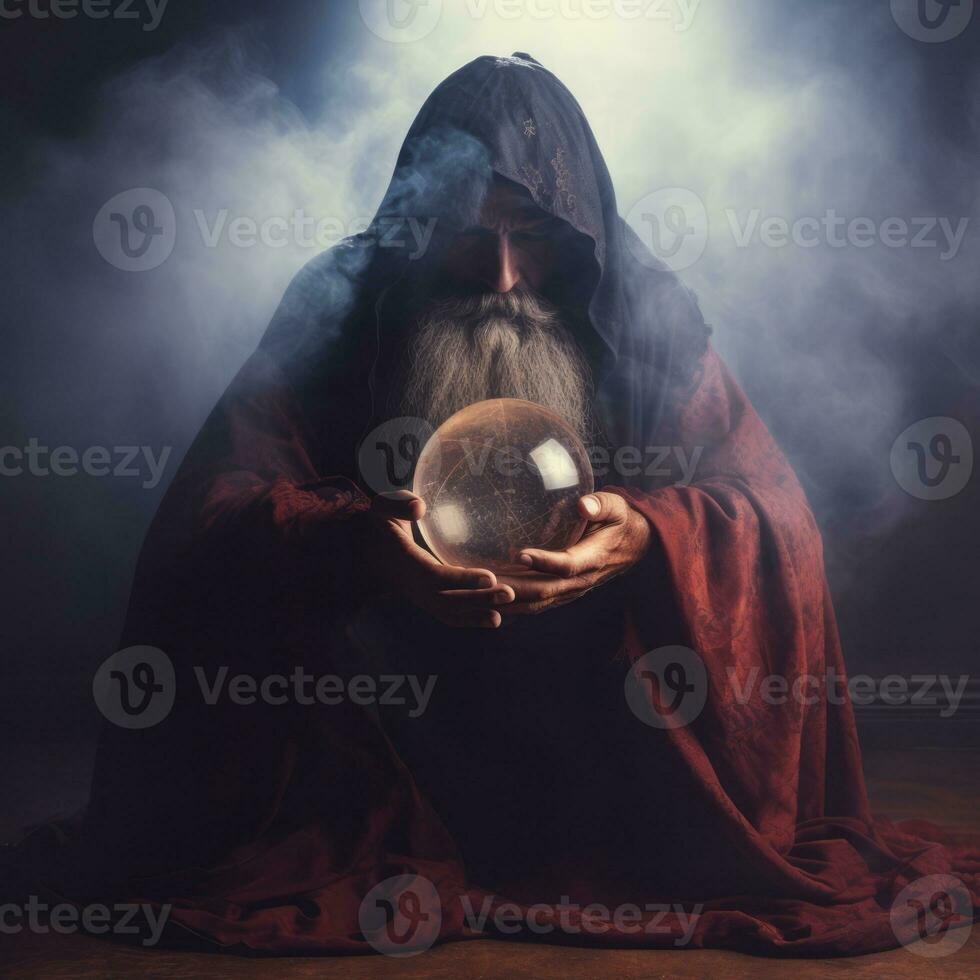 hombre narración desde un cristal pelota vestido como un misterioso fortuna cajero ai generativo foto