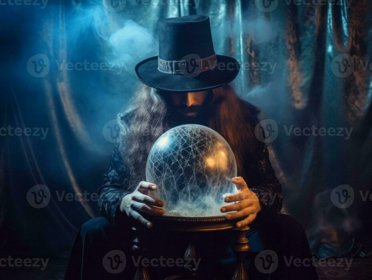 Man telling from a crystal ball dressed as a mysterious fortune teller AI Generative photo