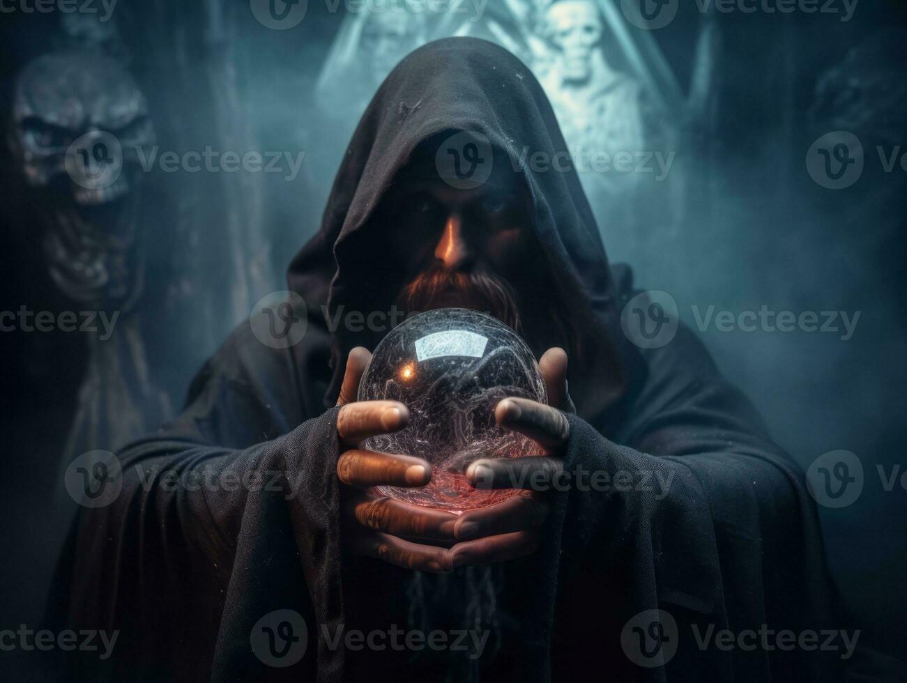 Man telling from a crystal ball dressed as a mysterious fortune teller AI Generative photo
