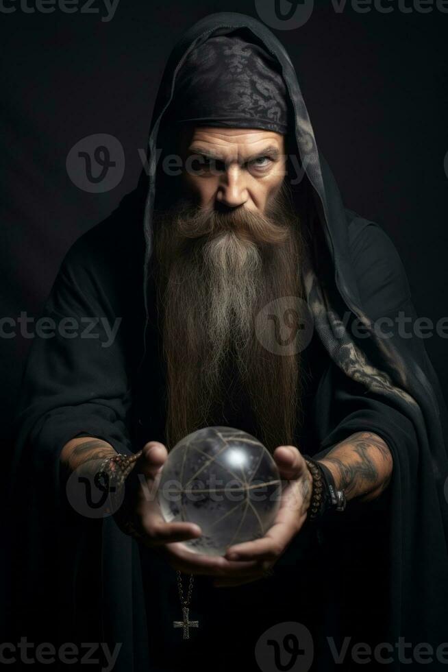 Man telling from a crystal ball dressed as a mysterious fortune teller AI Generative photo