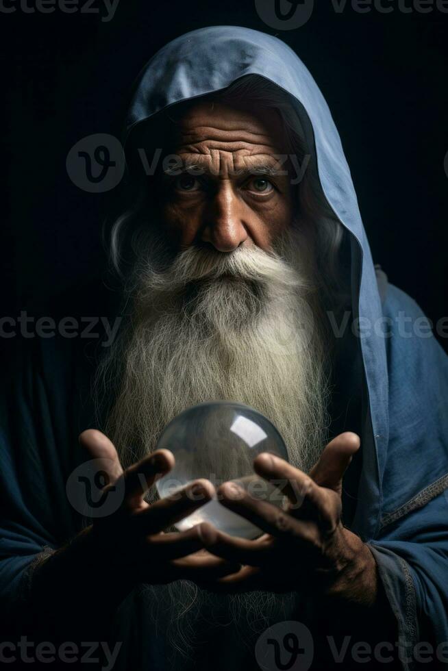 Man telling from a crystal ball dressed as a mysterious fortune teller AI Generative photo