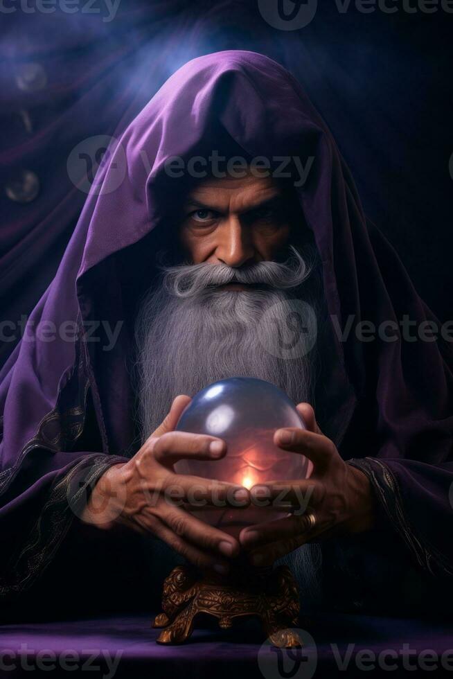 Man telling from a crystal ball dressed as a mysterious fortune teller AI Generative photo