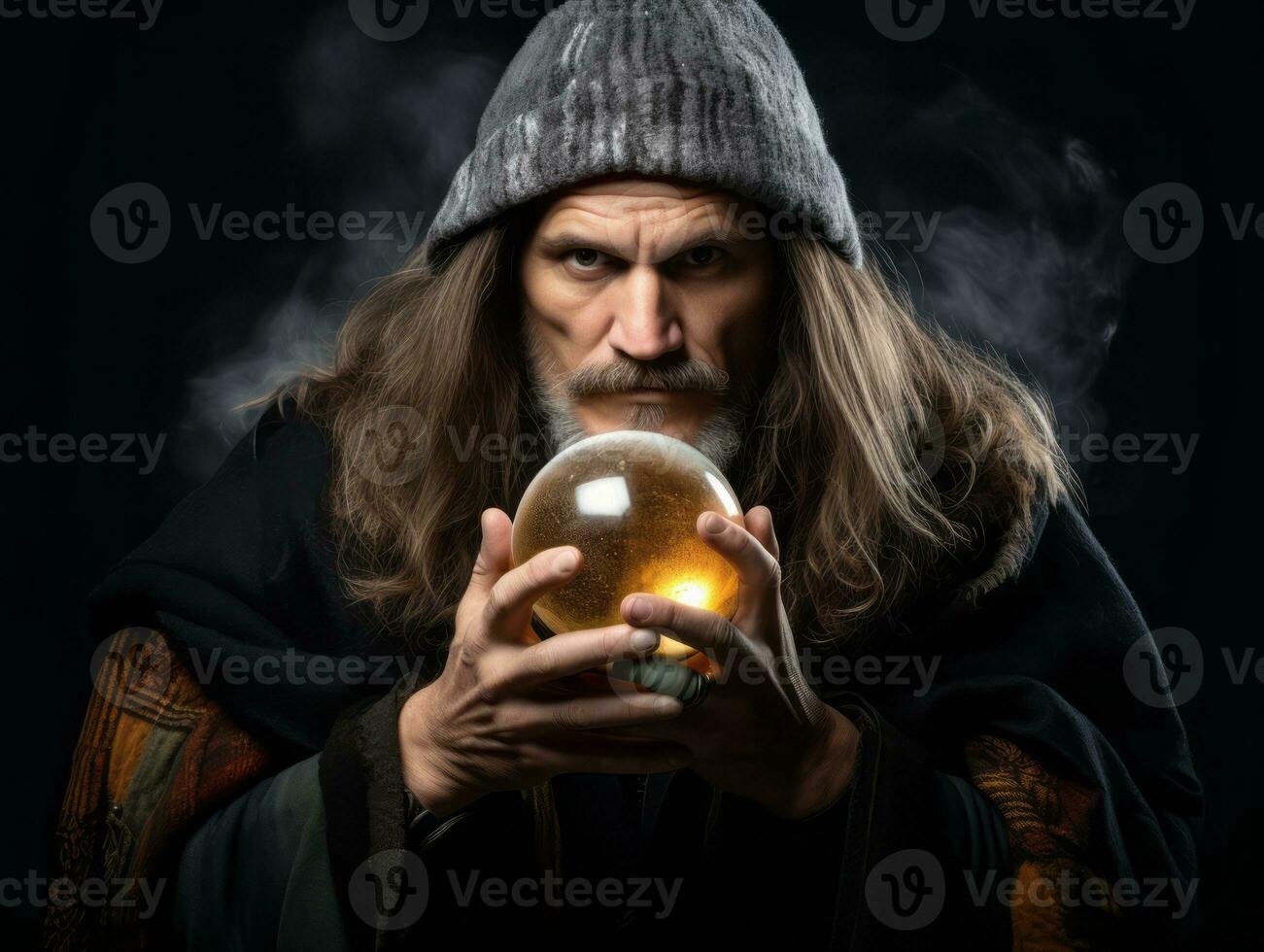 Man telling from a crystal ball dressed as a mysterious fortune teller AI Generative photo