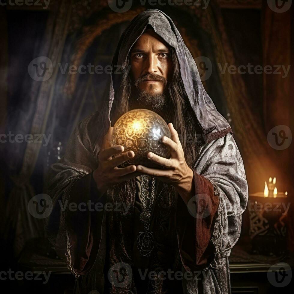 hombre narración desde un cristal pelota vestido como un misterioso fortuna cajero ai generativo foto