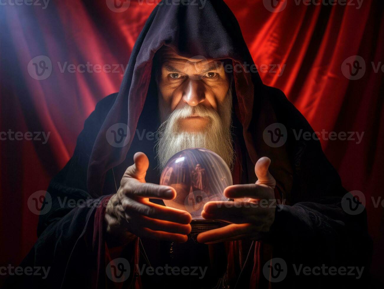 hombre narración desde un cristal pelota vestido como un misterioso fortuna cajero ai generativo foto