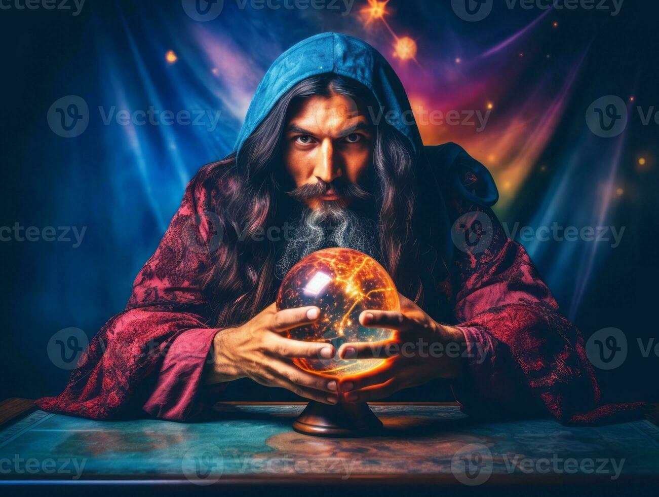 Man telling from a crystal ball dressed as a mysterious fortune teller AI Generative photo