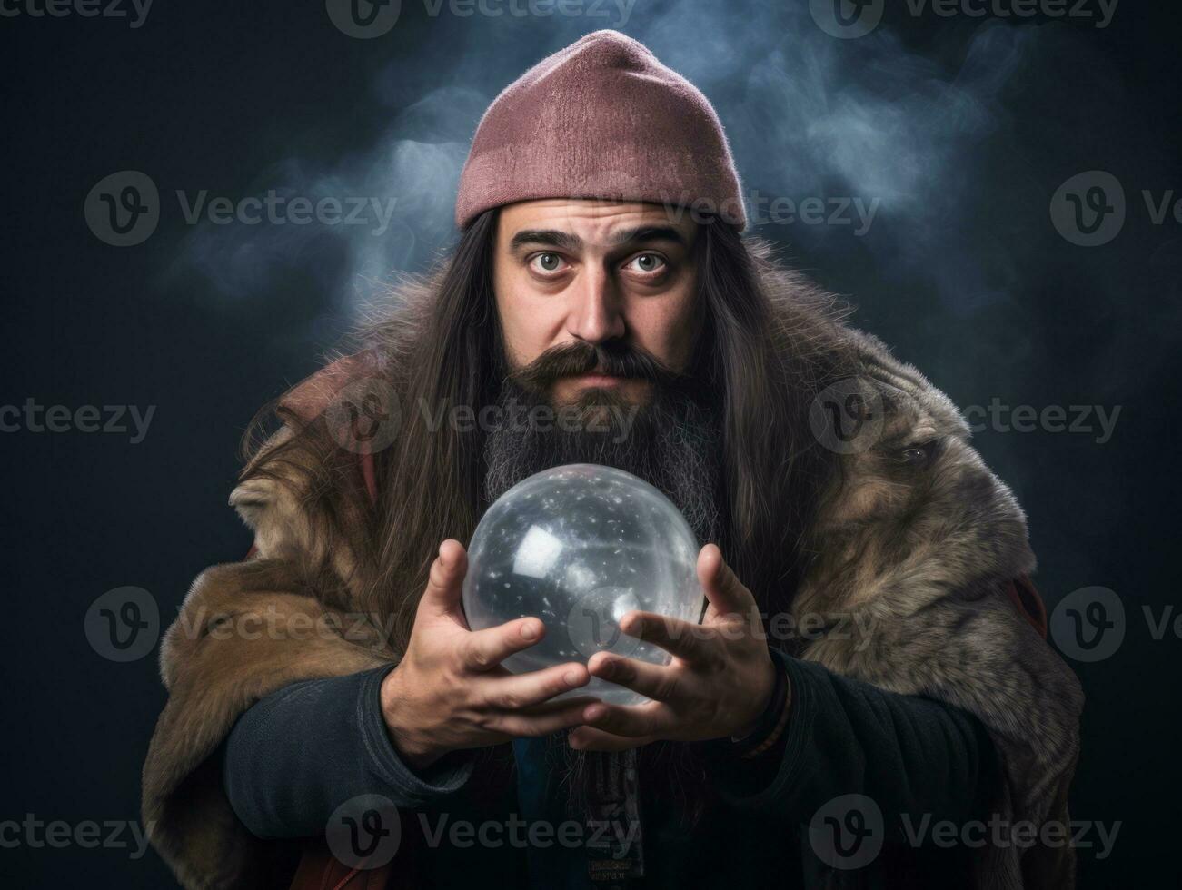 hombre narración desde un cristal pelota vestido como un misterioso fortuna cajero ai generativo foto