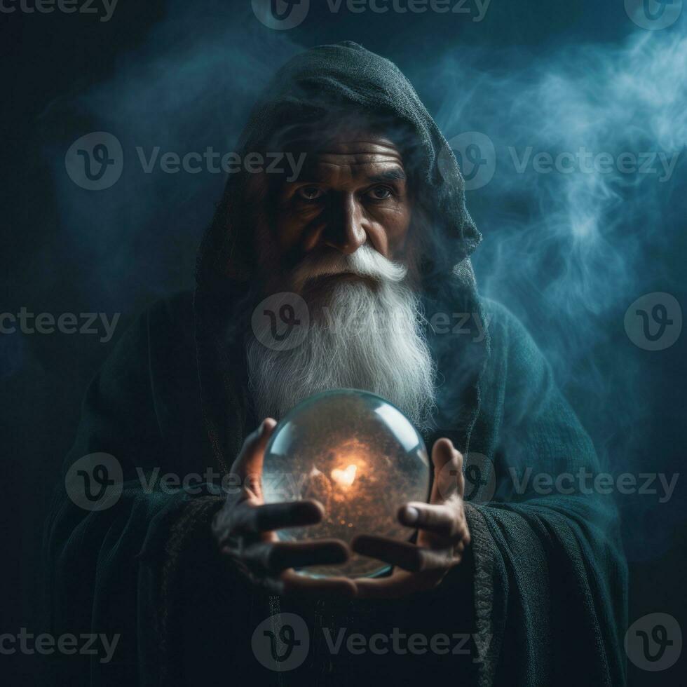 Man telling from a crystal ball dressed as a mysterious fortune teller AI Generative photo
