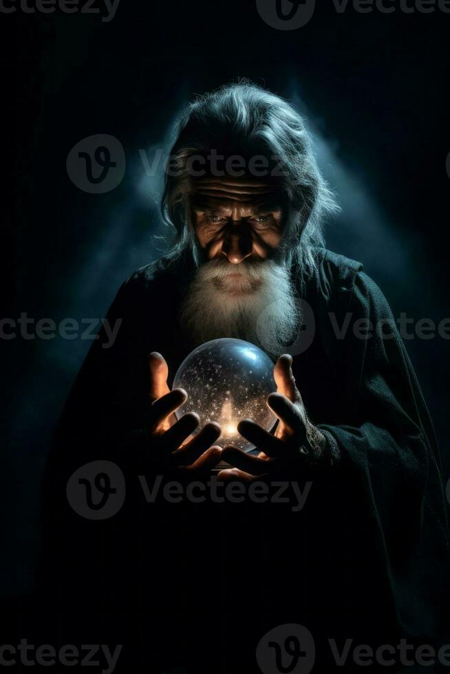 hombre narración desde un cristal pelota vestido como un misterioso fortuna cajero ai generativo foto