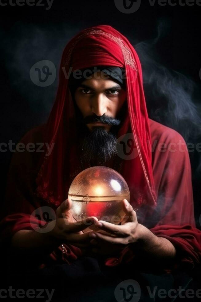 Man telling from a crystal ball dressed as a mysterious fortune teller AI Generative photo