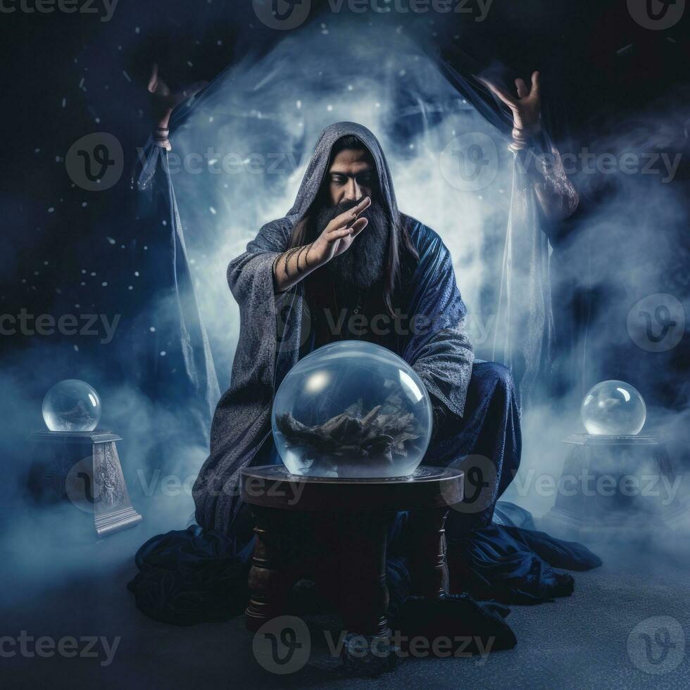 Man telling from a crystal ball dressed as a mysterious fortune teller AI Generative photo