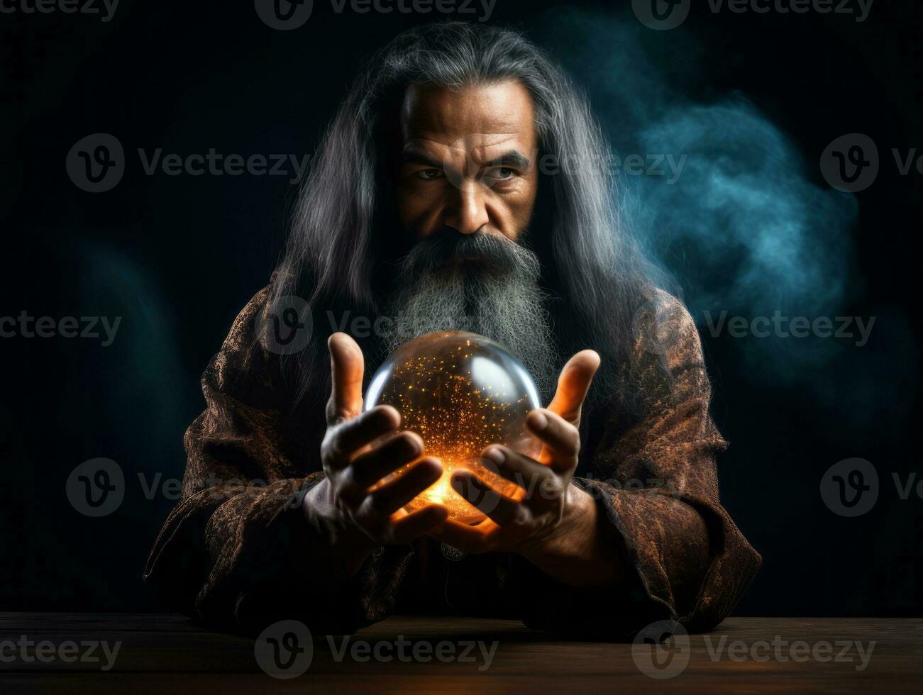 Man telling from a crystal ball dressed as a mysterious fortune teller AI Generative photo