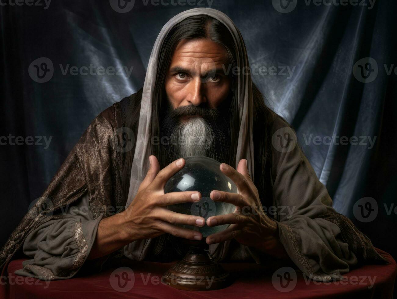 Man telling from a crystal ball dressed as a mysterious fortune teller AI Generative photo